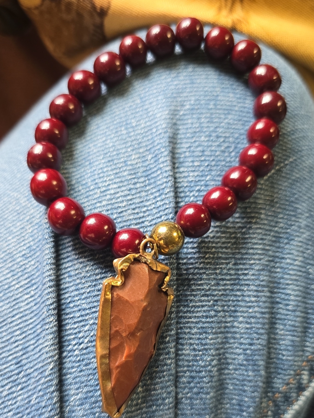 Red Wood Beaded Bracelet with Stone Arrowhead Pendant Copper Edge Tribal Onesize